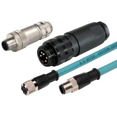 Siemens SIMATIC net M12 hunstik med aksialt kabel til feltenheder, viser tre forskellige hunstik-konfigurationer.