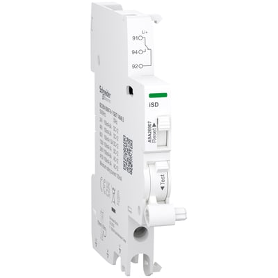 Nærbillede af Schneider Electric iSD alarmkontakt, viser tekniske specifikationer og QR-kode på hvid plast.