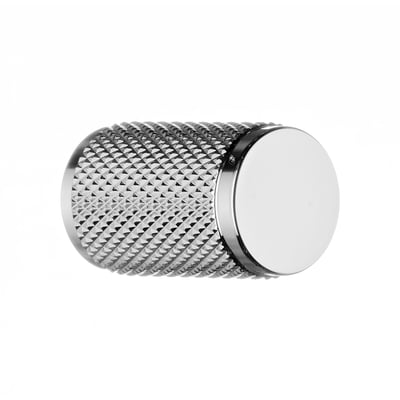 Beslagboden knop i krom med Ø18 mm, set skråt fra siden med riflet greb og rund, glat front.