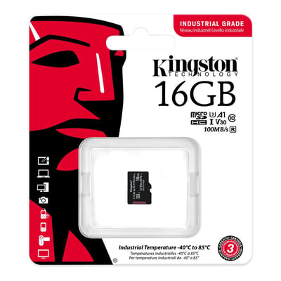 Kingston 16 GB industrial microSD-hukommelseskort i sort ses i sin røde og hvide emballage.