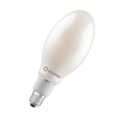 Ledvance HQL LED Performance lyskilde med E27 fatning, 3600lm og 2700K varm hvidt lys. Lyskilden er oval med et hvidt glas og et gråt logo.