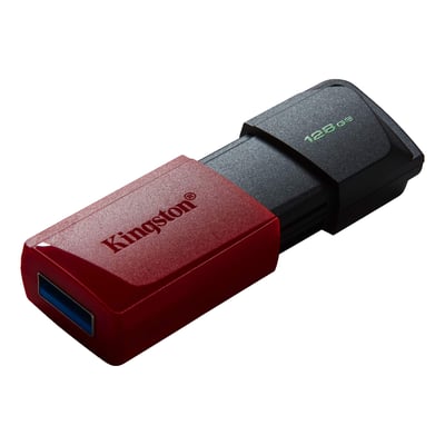 Kingston DataTraveler Exodia M USB-nøgle med 128 GB og USB-A-stik, vist i rød og sort med stikket synligt.