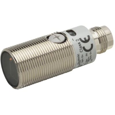 Omron fotoelektrisk sensor E3FB-BP21 med metalhus og M18 gevind, viser CE-mærke og betjeningsknap på hvid baggrund.