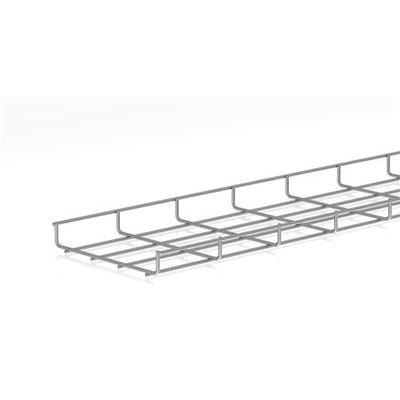 Lang gitterbakke i galvaniseret stål, 35 mm høj, 200 mm bred med 4,5 mm trådtykkelse, præsenteret på hvid baggrund.