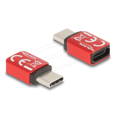 Delock 60689 USB-datablokering i rød med USB-C-hanstik og USB-C-hunstik, vist fra en skrå vinkel.
