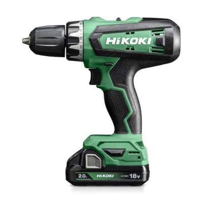 Hikoki DS18DF 18V akku bore-/skruemaskine i grøn og sort med 2,0 Ah-batteri monteret, set fra siden.