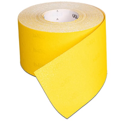Rulle af gult sandpapir/slibepapir, 100 mm bred og 50 meter lang, med kornstørrelse K180.