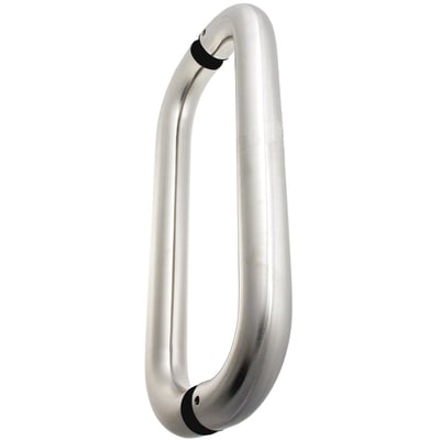Lige Assa Abloy-dørhank i sølvfarve med sort beslag, Ø32 mm og 300 mm lang.