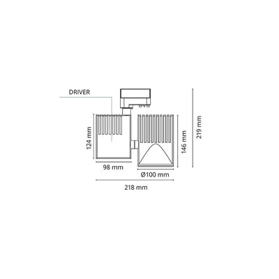 Teknisk tegning af SG Armaturen Zip Pro Spot med dimensioner og angivelse af driver.