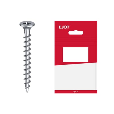 EJOT gipsskrue til træ, 3,9 x 32 mm, med krydskærv og groft gevind ved siden af rød og hvid emballage.