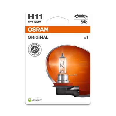 OSRAM ORIGINAL H11 halogenpære med 12V 55W og PGJ19-2 sokkel, vist i plastfri emballage.