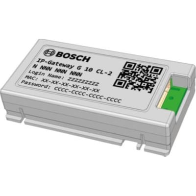 Sidevisning af Bosch WiFi modul til Climate 6100i/8100i/9100i, viser tilslutningsporten med grønne komponenter.