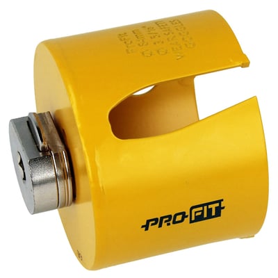 PRO-FIT 84 mm HM hulsav med adaptor, fremstillet i kraftig gul metal med "PRO-FIT" logo og størrelsesmarkering.