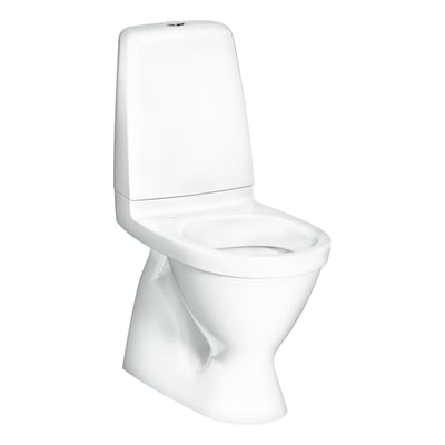 Hvidt Gustavsberg Oceanic gulvtoilet med skjult S-lås set skråt forfra, så skål og cisterne er synlige.