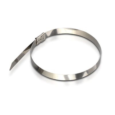 En enkelt V-TAC rustfri stål kabelbinder på 4,6 mm x 250 mm, vist på en hvid baggrund.