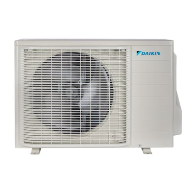 Daikin Nepura Comfora 35 luft til luft-varmepumpens lyse udedel set forfra med ventilatorgitter og Daikin-logo.