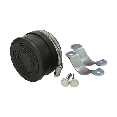 Fibox pakningssæt MB2260A med gummipakning, spændebånd, to beslag og to skruer på hvid baggrund.