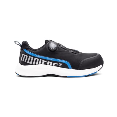 Monitor Paradox E S3 sikkerhedssko i sort tekstil med blå detaljer, Boa lukning og hvid mellemsål på hvid baggrund.