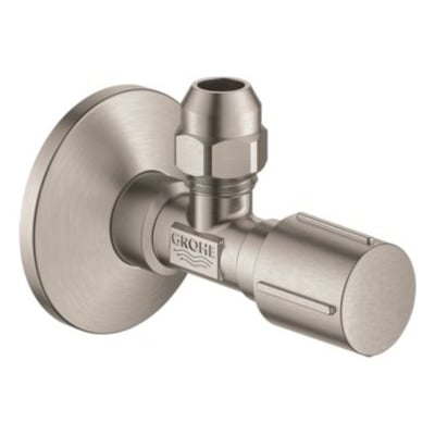 Detaljebillede af Grohe vinkelventil med 1/2" Supersteel tilslutning, viser messingkomponenter og vægrosette.