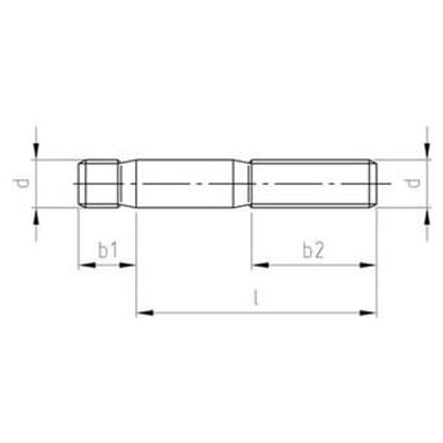 Teknisk tegning af M16x110 sort DIN 939-8.8 tapskrue, der viser dimensioner som d, b1, b2 og l på hvid baggrund.