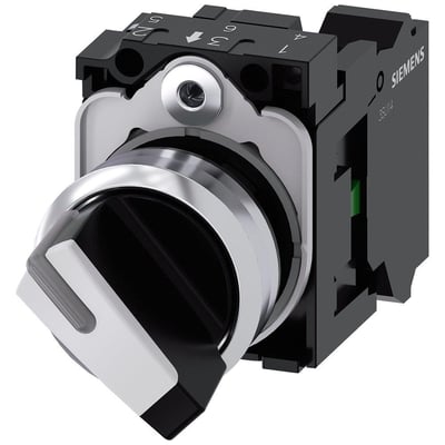 Siemens vælgerkontakt med lysbar, 22mm, rund, ru metal og højglans hvid, med 1 NO kontakt.