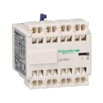 Schneider Electric hjælpeblok LA1KN043 med 4 bryde og 10A, viser front og side af hvid plast enhed med grøn logo.
