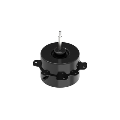 Sort Danfoss Cooling ventilatormotor med 25W effekt, vist fra siden på hvid baggrund med synlig aksel og monteringsbeslag.
