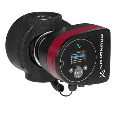 Grundfos Magna3 32-60 cirkulationspumpe i sort og rød med pumpehus og betjeningspanel med display.