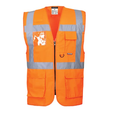 En lysende orange EN471 ORA vest med lynlås og reflekterende detaljer i størrelse 2XL, vist med flere lommer og et vindue til ID-kort.
