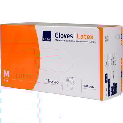 Abena Classic undersøgelseshandske i latex, str. M, pudderfri, 100 stk i pakken, naturfarvet med orange detaljer.