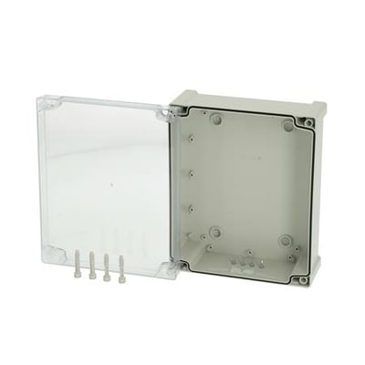 Fibox Tempo TPC 292411T-kasse i grå PC med transparent låg åbnet, så kassens indre og skruer ses.