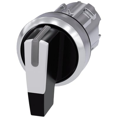 Siemens 22mm rund lys-omskifter i blank metal med hvidt håndtag og sort kontaktflade.