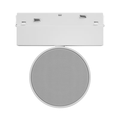 SpectrumLED Shift Bluetooth-højttaler i hvid, vist ovenfra med rund front og firkantet topdel til skinne.