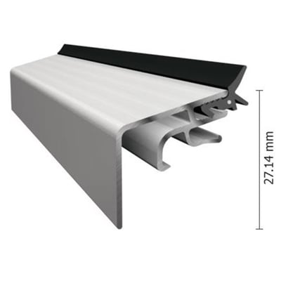 DAFA Alu-Com glasliste i eloxeret aluminium set skråt med sort tætningsliste og markering af højden 27,14 mm.