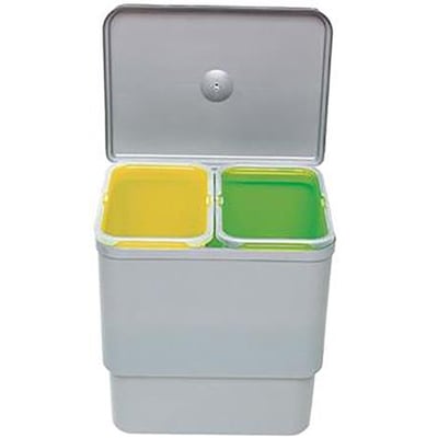 Fron view af Intra Juvel Sesamo2 affaldsbeholderen, der viser dens dobbelte rum med farvede låg.