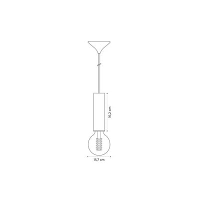 Teknisk tegning af 3D Cord-serie pendel i medium størrelse med mørkegrå satin finish og 3 meter hvidt kabel. Viser dimensioner 16,2 cm højde og 15,7 cm bredde.