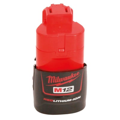 Wavins 3,0 Ah-batteri til presmaskine ACO102, rødt og sort med Milwaukee M12-mærkning.
