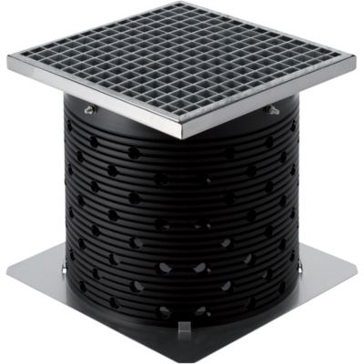 Geberit Pluvia tilbehørssæt til tagbrønd med firkantet rist i rustfrit stål og sort perforeret cylinder.