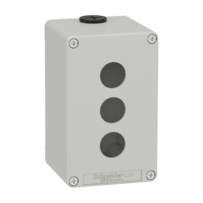 Schneider Electric Harmony XAP trykknapkasse i grå metal med 3 stk. 22 mm huller og logo.