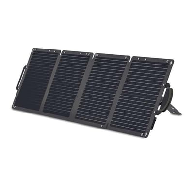 Sammenklappet Zmartgear 100W solpanel i sort med justerbart støtteben og bærehåndtag, præsenteret isoleret.