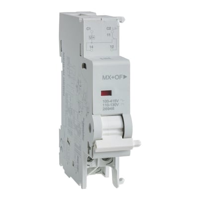 Schneider Electric udkoblingsspole M9 MX OF trip i hvid og grå plast med mærkat for 48VAC/48VDC.