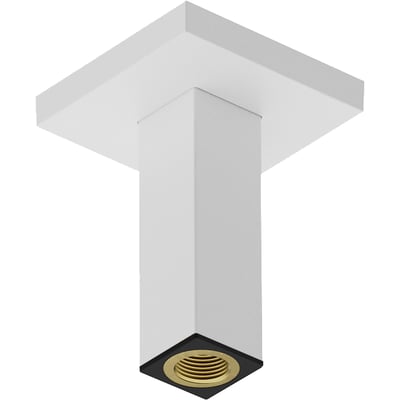 Nærbillede af Hansgrohe loftbefæstigelse i mat hvid, viser den firkantede base, 100mm udtræk og G ½" messinggevind.