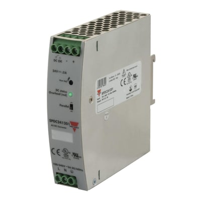 Carlo Gavazzi strømforsyning på 24 V DC og 5,0 A set forfra og fra siden med grønne skrueklemmer.