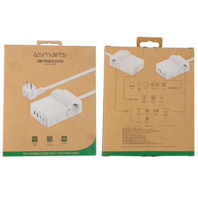 4smarts USB-C/A Power Strip Desk 65W hvid produktemballage vist fra siden og fronten med illustrationer af tilslutningsmuligheder.