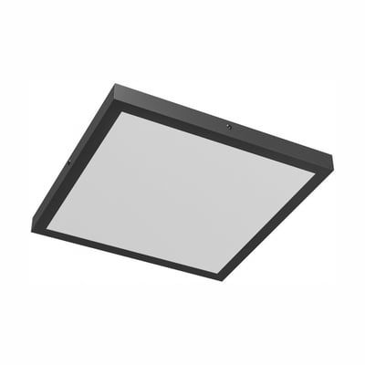 SpectrumLED firkantet loftslampe med sort kant og hvid lysflade, set skråt nedefra; watt og CCT kan justeres.