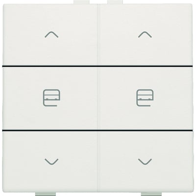 Niko motortryk dobbelt i hvid med op- og ned-pile samt et stop-ikon på hver side, monteret på en ren, hvid baggrund.