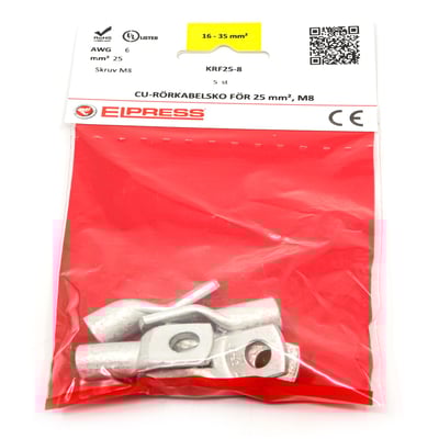 Elpress Rørkabelsko CU KRF25-8-CP pakke med 5 stk. til 25mm² Cu-ledere og M8 laske.