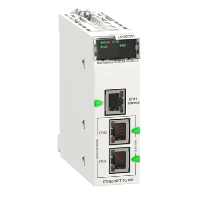 Schneider Electric M580 Ethernet modul med 3 RJ45 porte, model eNOC0301, på hvid baggrund med statuslamper.