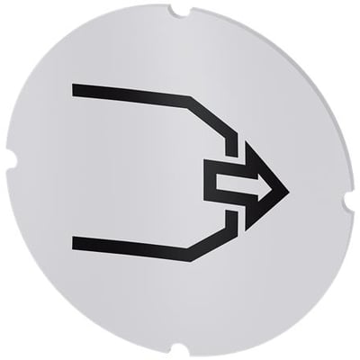 Rund, hvid Siemens-inskriptionsplade til lystrykknap med sort grafisk symbol for blæsning.