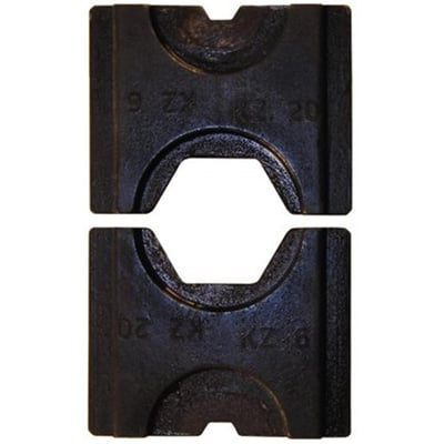 Nærbillede af Elpress pressebakker TB9-13, der viser de to forskellige størrelser til 16 mm² og 35 mm² KRF/KSF kabler.